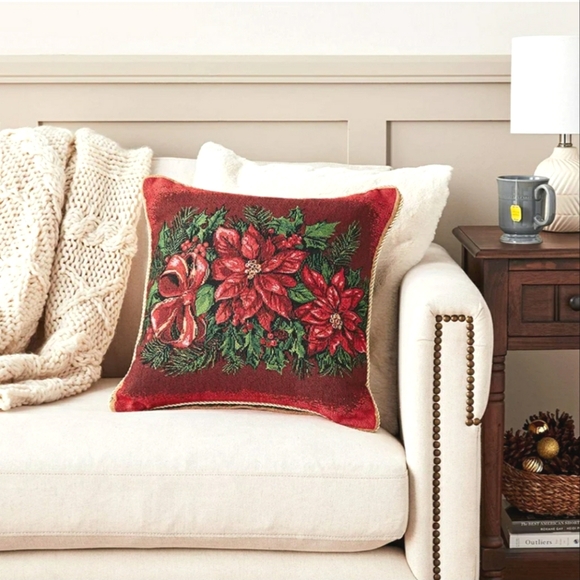 New 2 Seasonal Poinsettia Floral Reversible Pillow Cover 18×18 inches - Picture 1 of 5